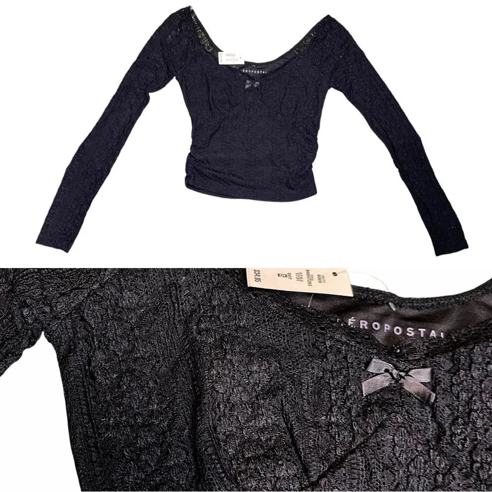NWT Aeropostale Long Sleeve Ruched Stretch Lace Top Cropped Tight Babydoll